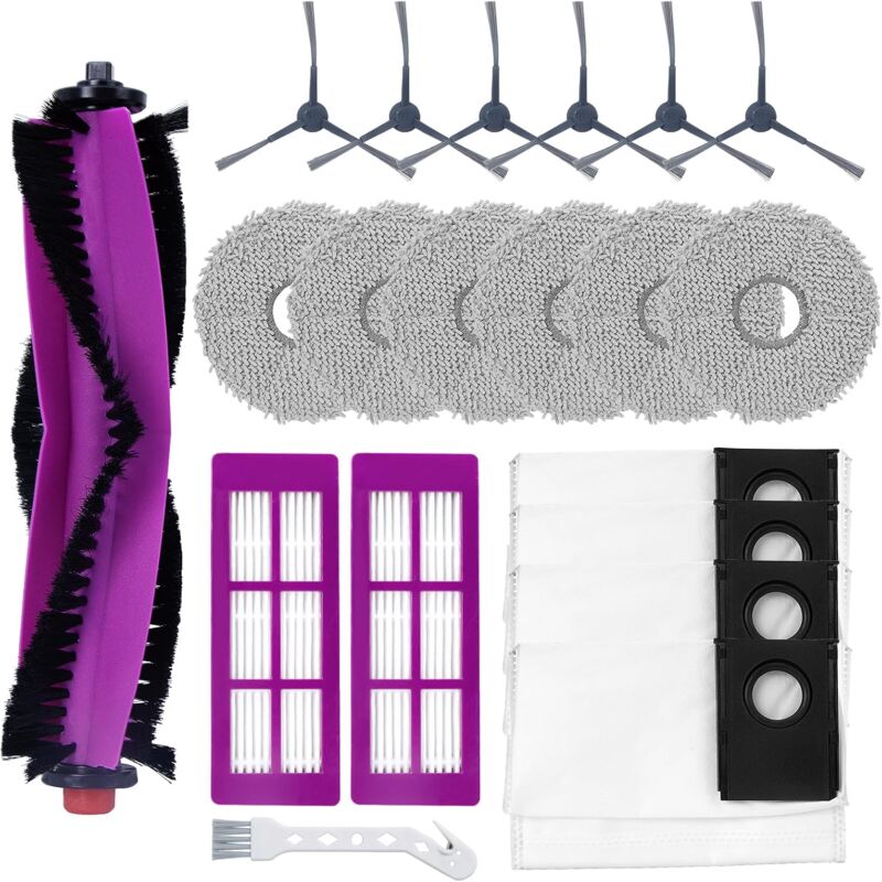 Kit d'accessoires pour Eureka J15 Pro Ultra Aspirateur Robot, 1 Brosse à rouleau, 6 Brosses latérales, 6 Chiffons de rechange, 4 Sacs à poussière, 2