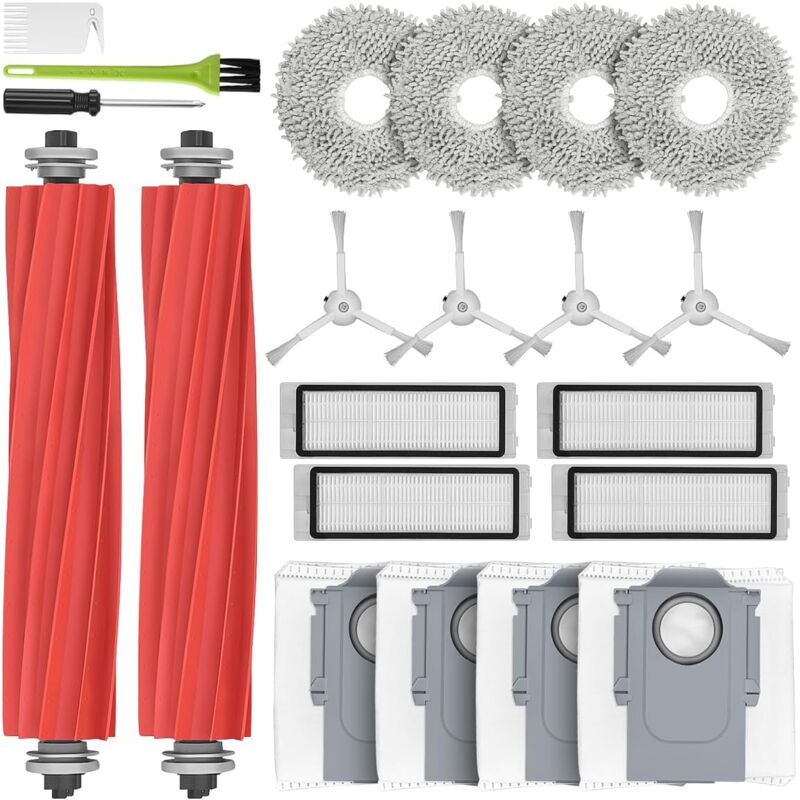 Kit d'accessoires pour Roborock Q Revo, Pièces de Rechange avec 2 Brosse Principale, 4 Chiffons de Vadrouille, 4 Sacs à Poussière, 4 Filtres, 4