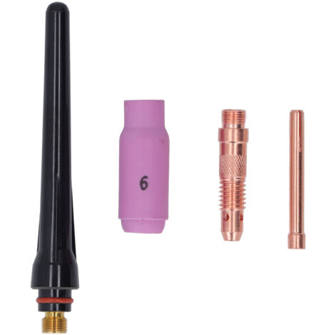 Kit d'accessoires pour torche de soudage TIG à l'argon, incluant buse en céramique, électrode, pince, bouchon long et connecteur.