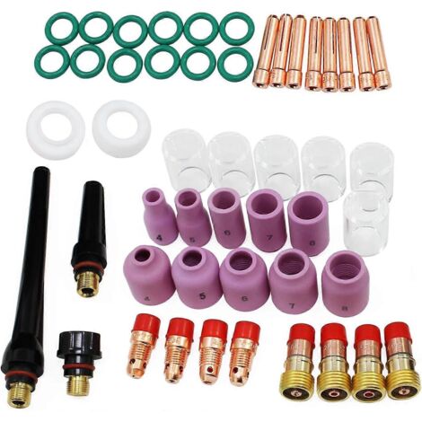 Kit d'accessoires pour torche de soudage TIG WP-17/18/26 (49 pièces) : pince de soudage, joint, capuchon arrière, lentille à gaz courte, godet en verre Pyrex, buse en alumine.