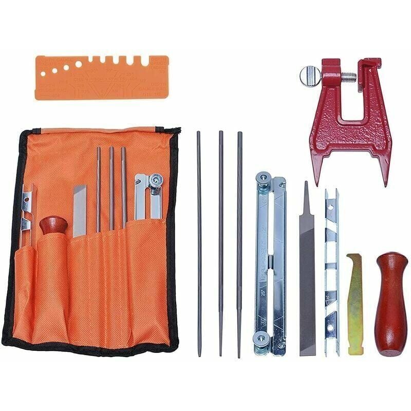 Kit d'affûtage Universel pour Tronçonneuse, Jeu de Limes pour Aiguiser Les Semis de Chaîne avec Limes, Poignées en Bois, Jauge de Profondeur, Guide
