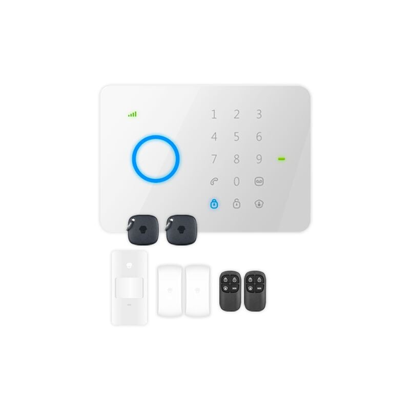 Kit d'alarme domestique - Panneau tactile avec module gsm - Envoi des alertes par sms et appel - Détecteur pir volumétrique - 2 contacts magnétiques