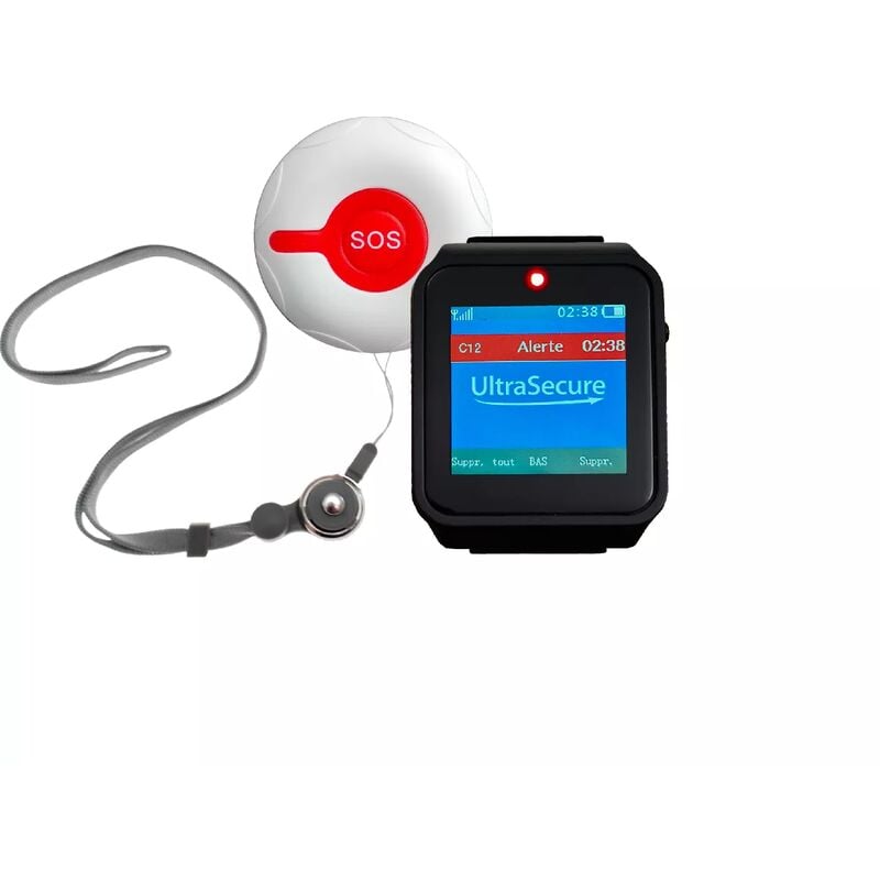 Ultra Secure - Kit d'alerte panique sos sans-fil sur Bipeur mobile IP67 - écran digital tactile / bip + led + Vibration