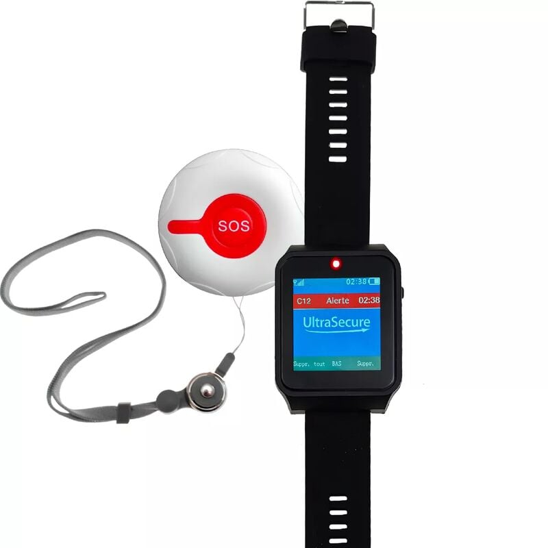 Ultra Secure - Kit d'alerte panique sos sans-fil sur montre tactile IP67 - écran digital / bip + led + Vibration