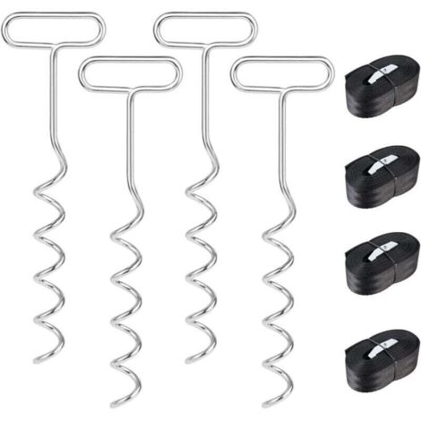 Kit d'ancrage au Sol 4 pièces pour Trampoline, balançoire, Chevilles d'ancrage en Spirale avec Sangles, Ancres de Trampoline, Chevilles d'ancrage en Acier