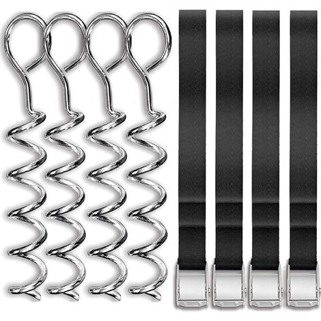 Kit d'ancrage de trampoline, 4 piquets de trampoline en spirale en acier galvanisé avec 4 sangles d'attache solides pour trampolines/balançoires/terrains de jeux