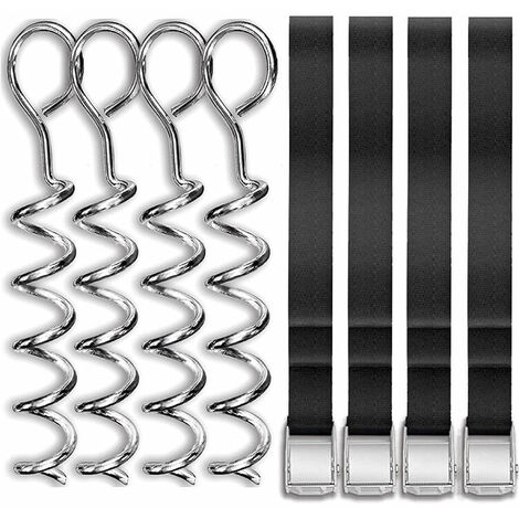 Kit d'ancrage de trampoline, 4 piquets de trampoline en spirale en acier galvanisé avec 4 sangles d'attache solides pour trampolines/balançoires/terrains de jeux