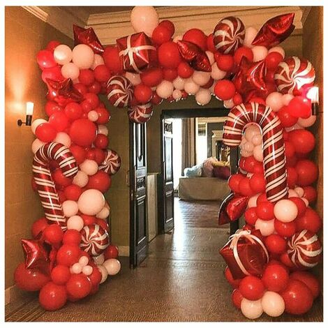 Kit d'arc de guirlande de ballons de Noël 142 pièces avec des ballons de bonbons blancs rouges de Noël Ballons de boîte-cadeau Ballons d'étoiles rouges pour les décorations de fête de Noël