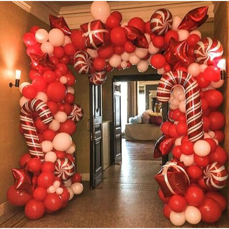 Kit d'arc de guirlande de ballons de Noël 142 pièces avec des ballons de bonbons blancs rouges de Noël Ballons de boîte-cadeau Ballons d'étoiles rouges pour les décorations de fête de Noël