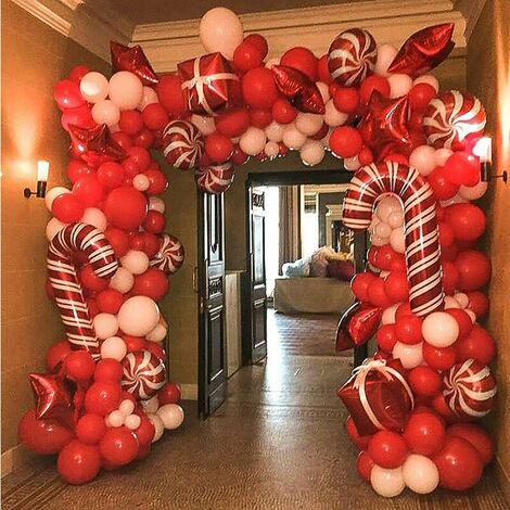 Kit d'arc de guirlande de ballons de Noël 144 pièces avec des ballons de bonbons blancs rouges de Noël Ballons de boîte-cadeau Ballons d'étoiles rouges pour les décorations de fête de Noël