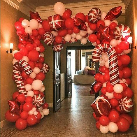 Kit d'arc de guirlande de ballons de Noël 144 pièces avec des ballons de bonbons blancs rouges de Noël Ballons de boîte-cadeau Ballons d'étoiles rouges pour les décorations de fête de Noël