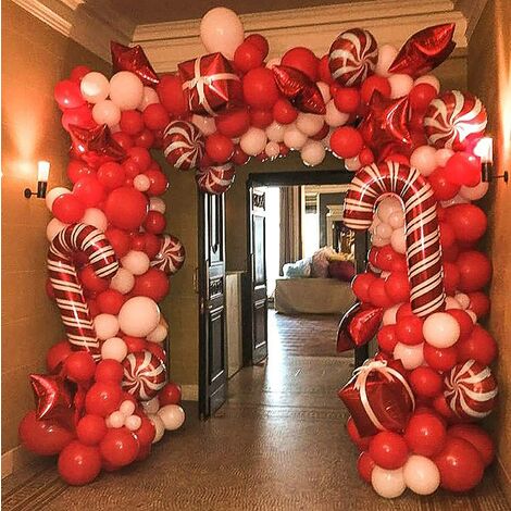 Kit d'arc de guirlande de ballons de Nol 144 pièces avec des ballons de bonbons rouges et blancs de Nol, des ballons de bote-cadeau, des ballons étoiles rouges pour les décorations de fête de Nol