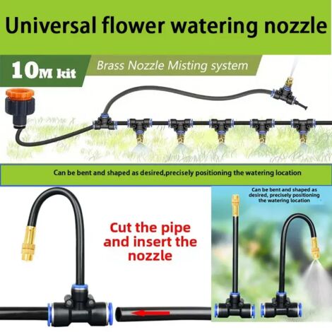 Kit d'arrosage automatique avec tuyau PE (10 m - 5 buses) et buse rotative en cuivre de 8 mm pour l'arrosage par brumisation des plantes de jardin.