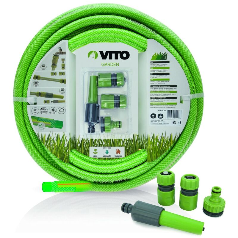 Kit d'arrosage jardin 19mm 25m PVC renforcé avec lance multi jet+ 2 raccords auto+ nez de robinet VITOGARDEN - green