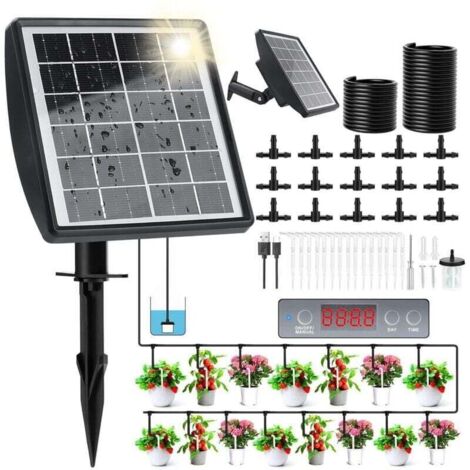 Kit d'arrosage solaire goutte à goutte, système d'irrigation goutte à goutte avec minuterie et tuyau de 15 m, pour jardin, balcon, pelouse, pots de légumes pour les vacances