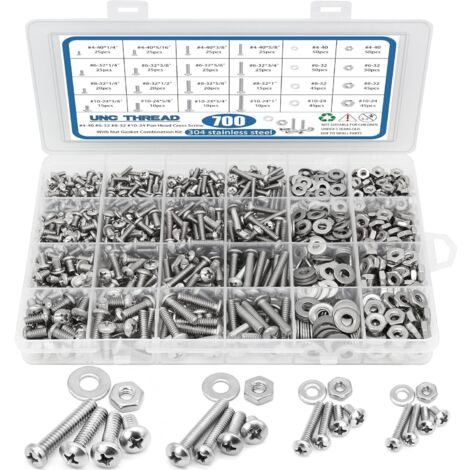 Kit d'assortiment 700 pièces écrous et boulons en acier inoxydable 304 – Résistance à la corrosion – Boîte transparente avec tableau de tailles