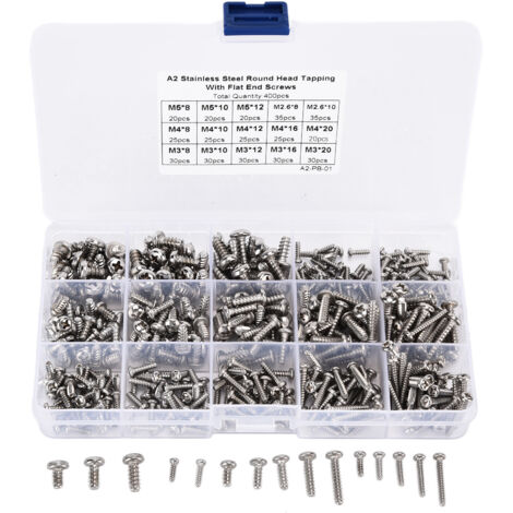 Kit d'assortiment de 400 vis autotaraudeuses à tête cruciforme en acier inoxydable