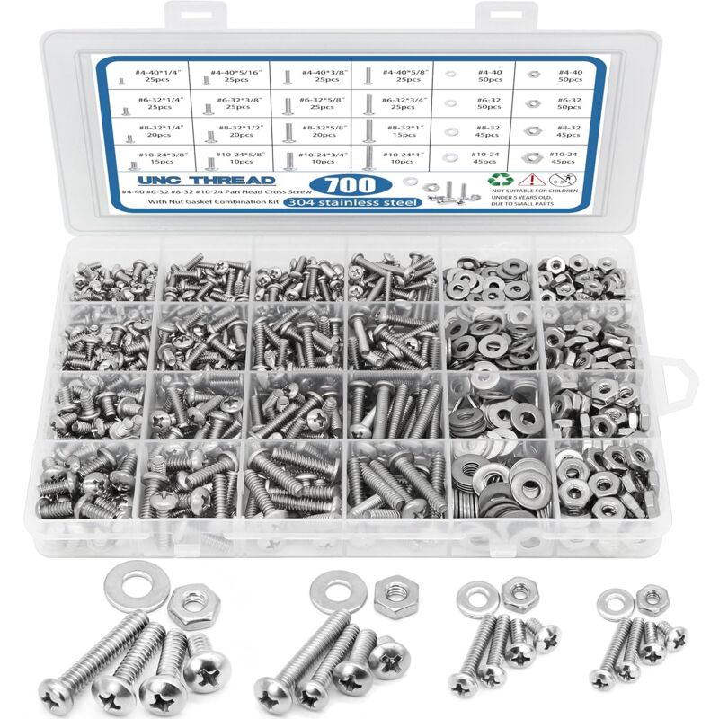 Kit d'assortiment de 700 pièces d'écrous et de boulons, 4-406-328-3210-24 Assortiment de boulons à tête plate Phillips en acier inoxydable, écrous,