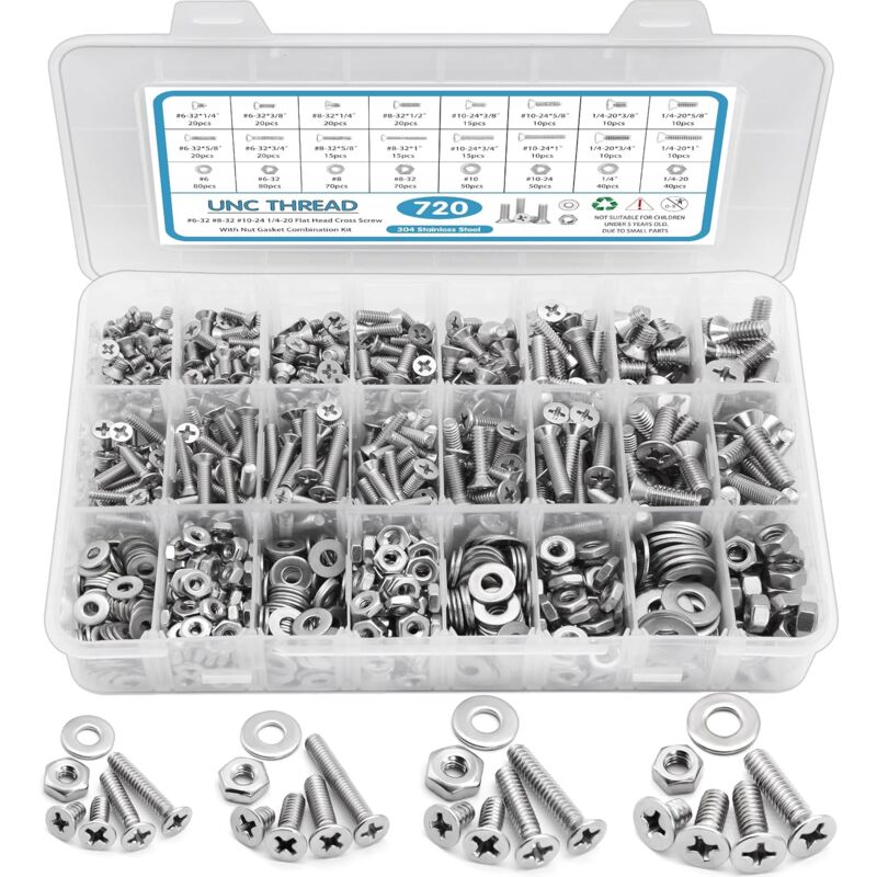 Kit d'assortiment de 720 pièces d'écrous et de boulons, vis à métaux, SATANTECH 6-328-3210-241/4-20, jeu de vis en acier inoxydable, tête plate