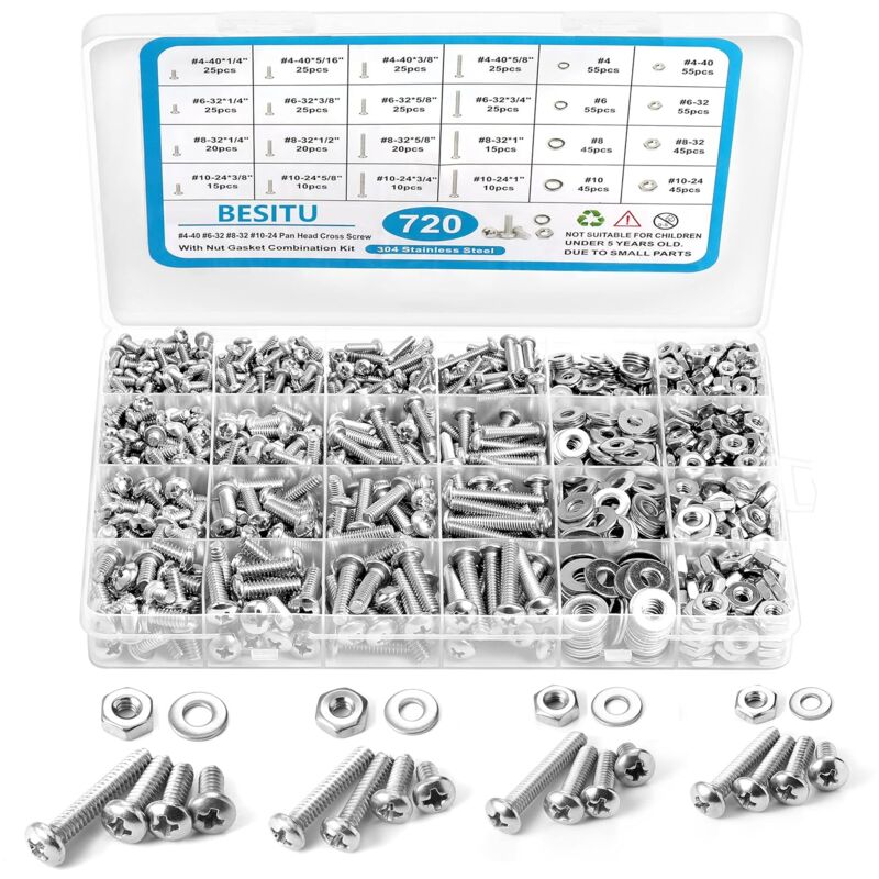 Kit d'assortiment de 720 vis à métaux, 10-248-326-324-40 Phillips à tête plate, écrous et boulons assortis et rondelles plates, assortiment de vis en