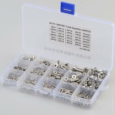 Kit d'assortiment de boulons de câble à tête creuse en acier inoxydable M3 M4 M5, 440 pièces, Kit d'assortiment de vis de contre-écrou avec boîte de rangement