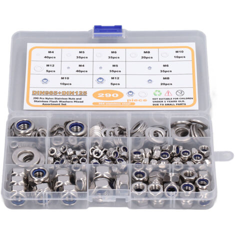 Kit d'assortiment de boulons et rondelles 304 - 290 Pièces Vis à nylon M4 M5 M6 M8 M10 M12 pour projets DIY et réparations