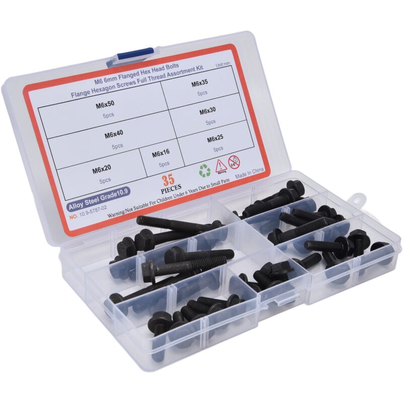 Rapanda - Kit d'assortiment de boulons hexagonaux en acier au carbone de niveau 10,9, 35 pièces, boulons à bride M6, noir pour connexion
