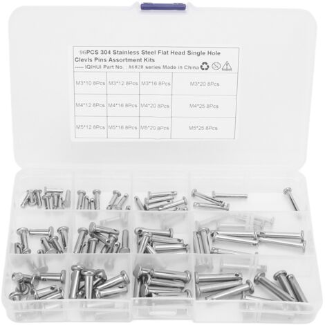 Kit d'assortiment de broches rondes en forme de T à tête plate, 12 tailles, en acier inoxydable, à trou unique, pour voiture, 96 pièces