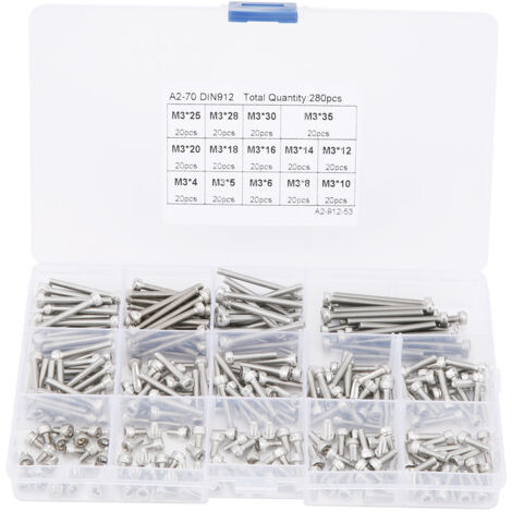 Kit d'assortiment de clous et capuchons à six pans creux en acier inoxydable 304 de différentes longueurs (280 pièces (M3))