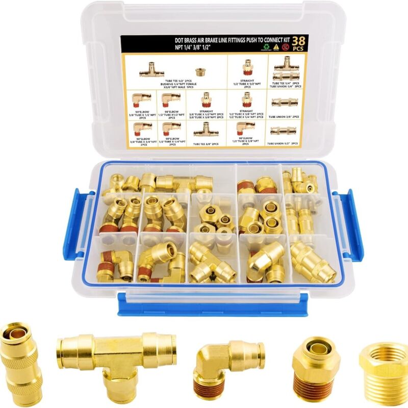 Kit d'assortiment de raccords de tuyau d'air DOT en laiton, 38 pièces, raccords à pression de 1/4', 3/8', 1/2', raccords d'air, raccords de frein à