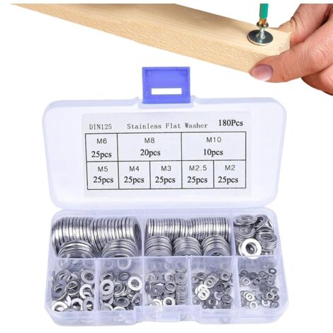 Kit d'assortiment de rondelles plates,Assortiment de rondelles, 180 pièces de joints d'aile et plates en acier inoxydable, Kit d'assortiment antirouille, d'étanchéité