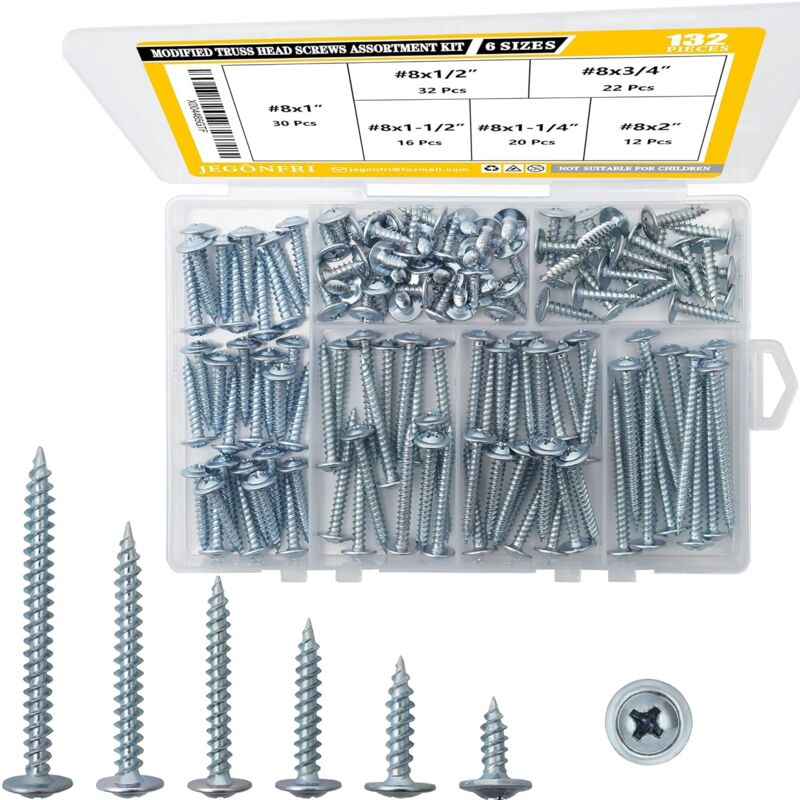 Kit d'assortiment de vis à bois à tête bombée 8, 132 pièces, tournevis cruciforme, assortiment de vis à bois, vis, jeu de vis, 6 tailles (1/2 po)