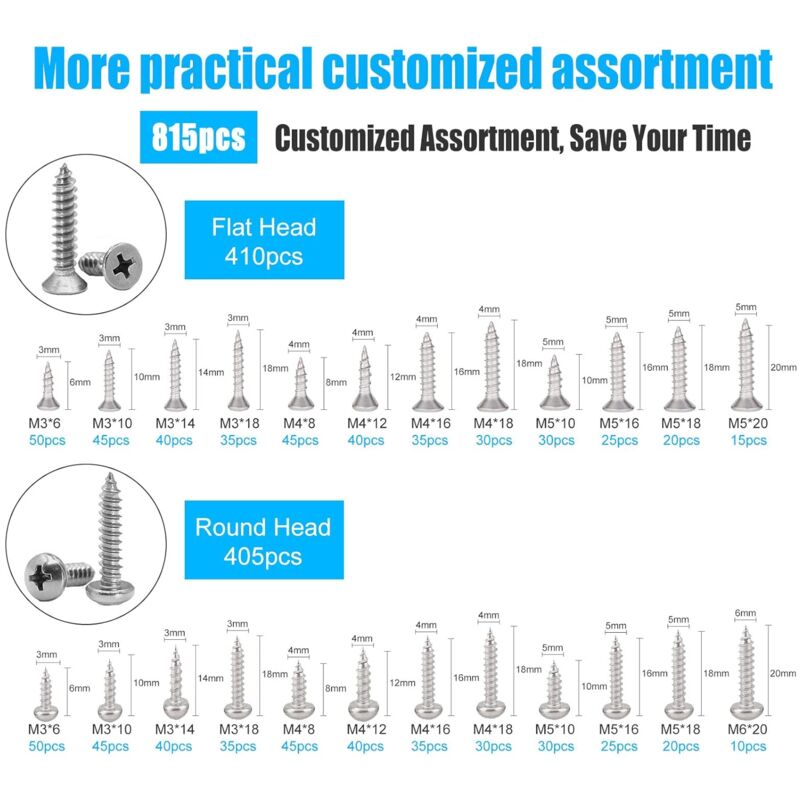 Kit d'assortiment de vis à bois M6 M5 M4 M3, 815 pièces, assortiment de vis autotaraudeuses métriques en acier inoxydable, tournevis cruciforme à