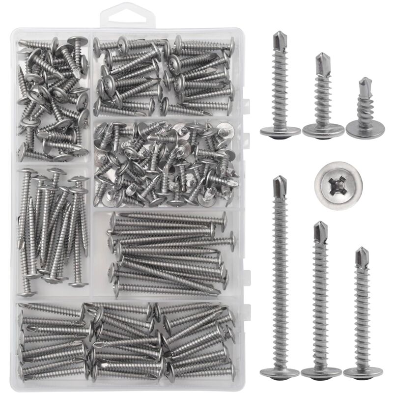 Kit d'assortiment de vis à tête bombée 8 pour rénovation, vis autotaraudeuses en acier inoxydable 410 haute résistance pour métal, plastique et bois,