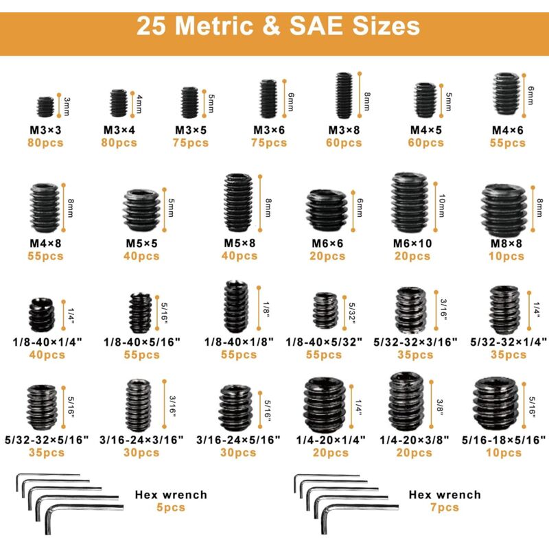 Kit d'assortiment de vis de réglage métriques et SAE, 1105 pièces, 25 tailles, clé hexagonale interne, jeu de vis à pointe de coupe en acier allié,