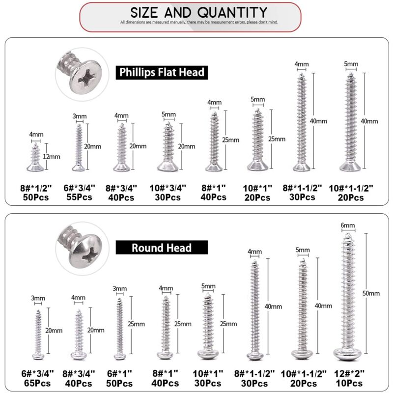 Kit d'assortiment de vis taraudeuses à tête plate et ronde Phillips en acier inoxydable M 3 4 5 6, 570 pièces