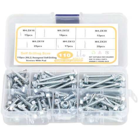 Kit d'Assortiment Vis à Tête Flange Hex M4.2 (110 Pièces) avec 6 Tailles Vis Autoforeuses Carbon Steel