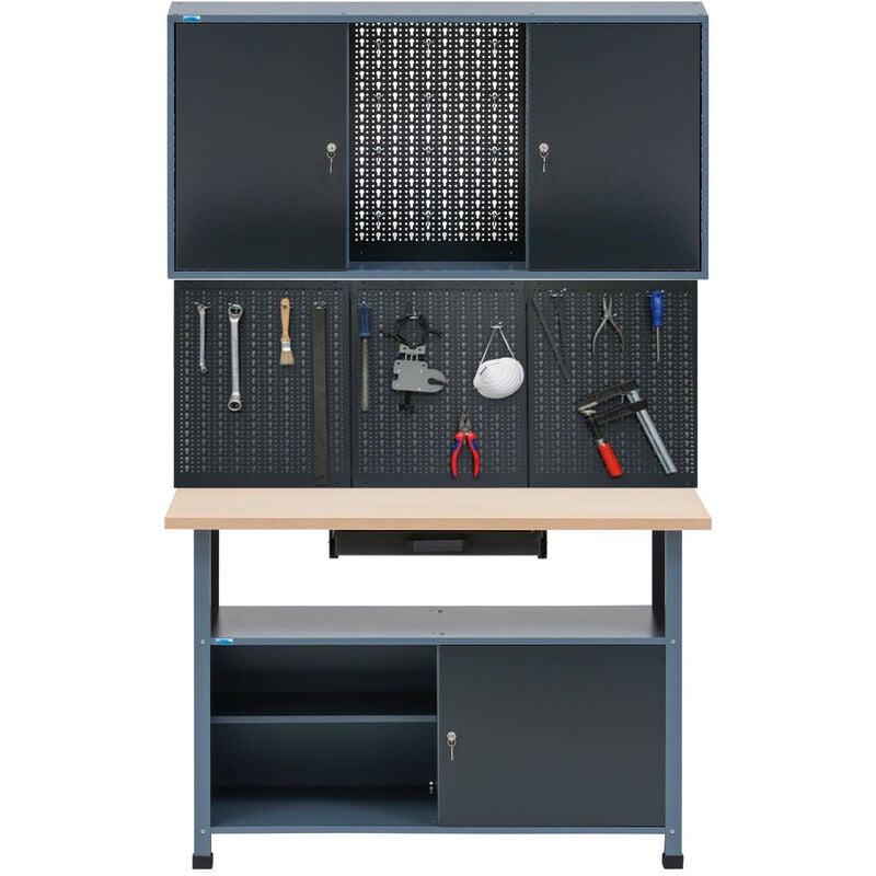 Kit d'atelier Küpper 14135, composé d'un établi 14118 (120x84x60cm), 1 tiroir, 1 porte, charge admissible 300 kg, plan de travail en hêtre massif de