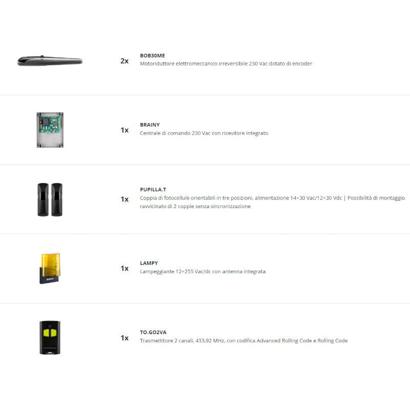 Kit automatisation pour portails battants 230v ac kbob30me 9598106 - Beninca