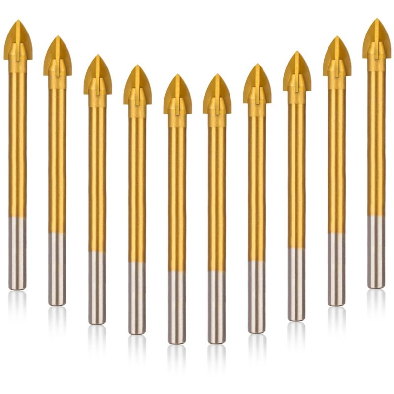Kit de 10 forets à maçonnerie, ensemble de forets en carbure de verre avec revêtement en titane pour béton, pierre, bords de coupe, foret à tête