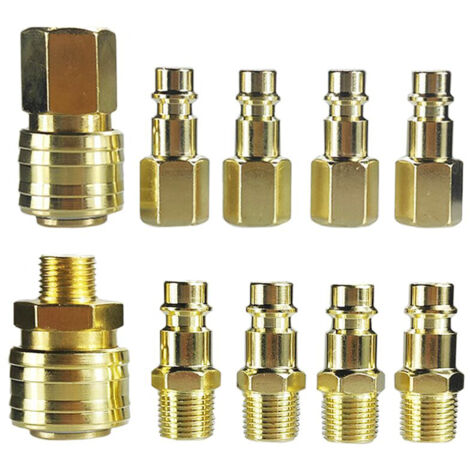 Kit de 10 racores y extremos neumáticos de latón: racor rápido hembra con rosca hembra/macho BSP de 1/4'', racor macho con rosca hembra/macho BSP de 1/4'', manguera de 8 mm.