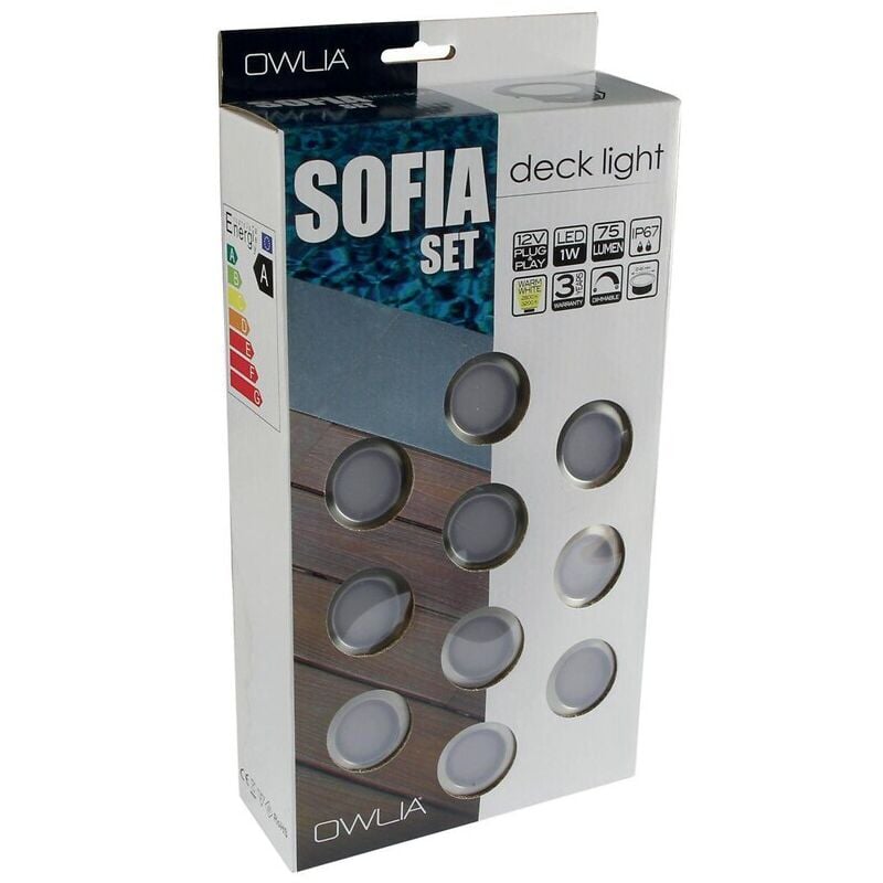 Kit de 10 spots de terrasse sofia diamètre 45cm Led 1W 75 Lumen finition blanc chaud avec transformateur 12V 30W Owlia