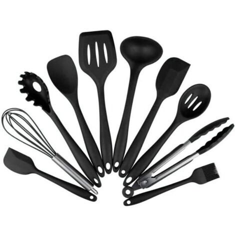 Kit de 10 ustensiles de cuisine en silicone noir – Résistance à la chaleur jusqu'à +230 °C – Antiadhésifs et faciles à nettoyer