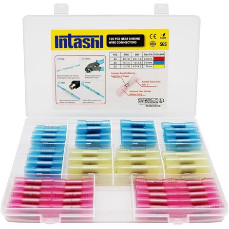 Kit de 100 connecteurs thermorétractables – Bornes électriques isolées étanches, connecteurs de fils à sertir pour câblage maritime automobile – AWG 22-10 rouge/bleu/jaune