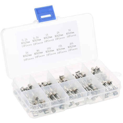 Kit de 100 fusibles de vidrio de acción rápida de 5 x 20 mm, con diferentes intensidades de corriente: 0,2 A, 0,5 A, 1 A, 2 A, 3 A, 5 A, 8 A, 10 A, 15 A y 20 A.