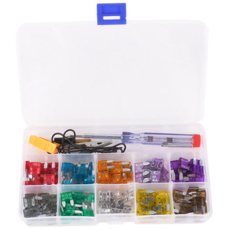 Kit de 100 minifusibles automotrices codificados por colores para fusibles de 10 amperios, con pinza de cocodrilo, comprobador eléctrico y extractor de fusibles.
