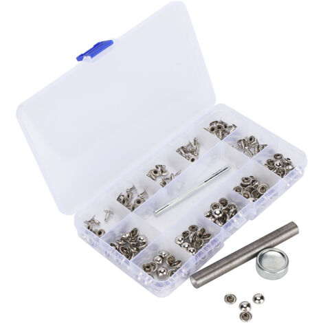 Kit de 100 rivets ronds métalliques pour cuir avec outils, idéal pour bricolage, réparation et décoration artisanale.