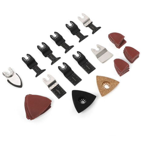 Kit de 102 lames pour outil multifonction : lame triangulaire, papier de verre pour les doigts, scie oscillante et accessoires.