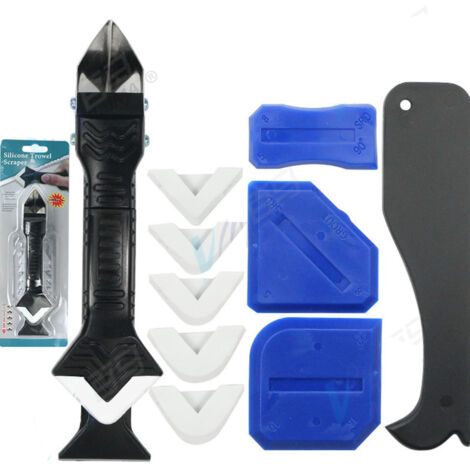 Kit de 11 outils de calfeutrage 3 en 1 (tête en acier inoxydable) comprenant un grattoir et un applicateur de mastic silicone pour la cuisine, la salle de bain, les fenêtres et les éviers.
