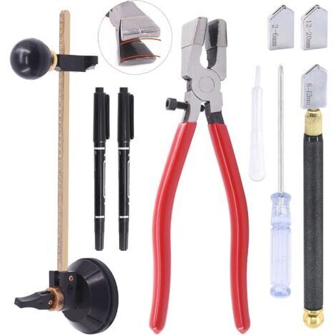 Kit de 11 outils de coupe de verre, pince à mâchoire incurvée avec embouts en caoutchouc, pointe en carbure de tungstène, coupe-verre circulaire, 2 lames avec compte-gouttes